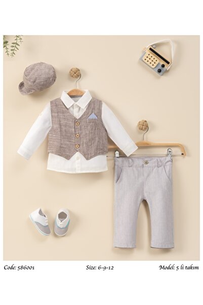 Baby shine طقم تركي ولادي فاخر من القطن والكتان الطبيعي - 5 قطع - الصديري البيج