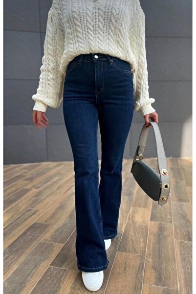 MRİABE Spanish High-Waisted Color-Fast Blue Snow-Washed Jeans Pants Gathering...