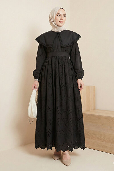 Kirazgym Women's Cape Collar Lace Detailed Elegant Dress Black