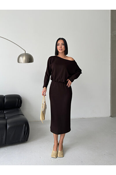 MODAMERSİ Women's Brown Boat Neck Modal Dress