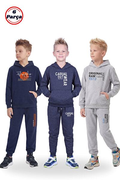 FYK KİDS 6-Piece Boys' Tracksuit Set with 3 Kangaroo Pockets and Hooded Print...
