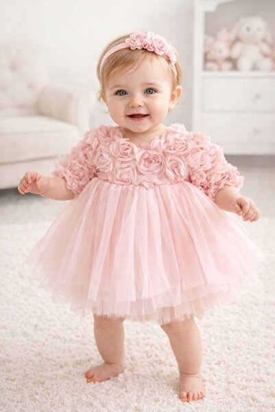Butik KIZ BEBEK 3 BOYUTLU GÜL DETAYLI ARKA FİYONK ÖZEL GÜN ELBİSESİ