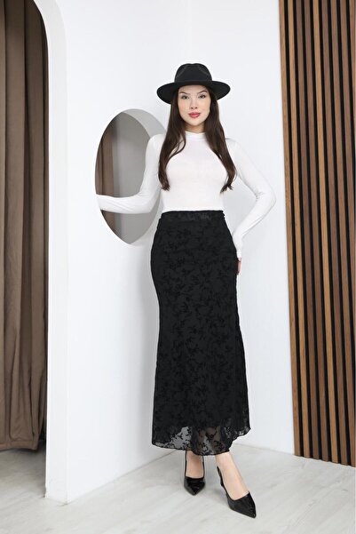 FEMİNEER.com Women's Black Tulle Lined Flocked Printed Skirt