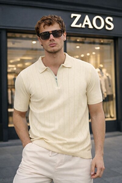 zs zaos fashion Tricou tricotat de bază pentru bărbați, cu fermoar, din bumba...