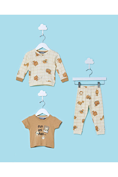REDTAG Infant Boys Beige And Brown Cat Print Jog Set (3 Piece)