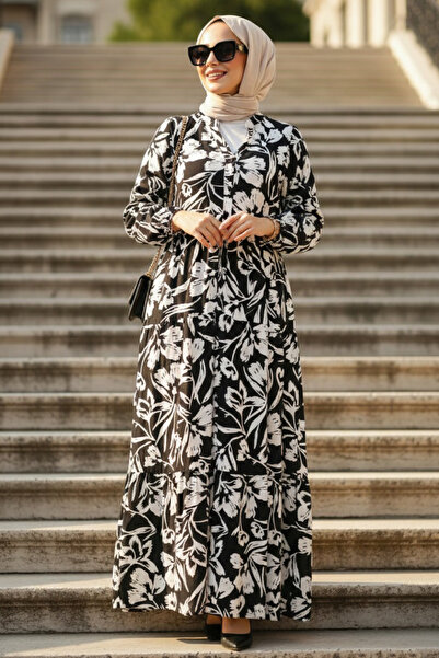 N.S NEVA STYLE Floral Patterned Black Hijab Dress 30131S
