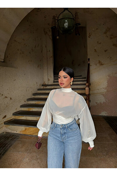 kırmızı butiks Beyaz Sırt Degaje Tül Şifon Bodysuit