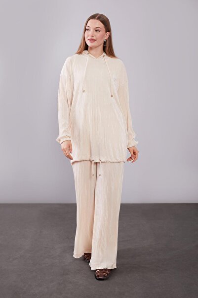 Levidor Beige Hooded Double Set with Lace Detail