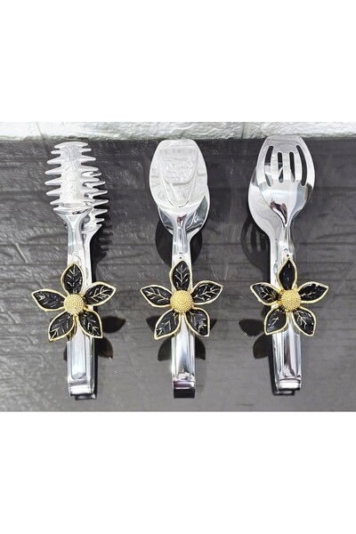 atabey home Silver Serving Tongs Set of 3 Gold Daisy Black Pasta/Cake/Dinner/...
