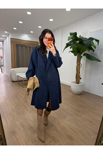 2she Premium Seri Kolu Düğmeli Buklet Kaban - Lacivert