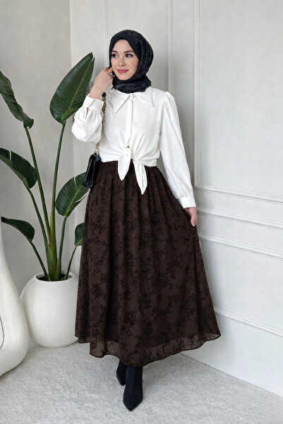 Tesettür Diyarı Roshine Kabartmalı Astarlı Tül Tesettür Etek- Acı Kahve