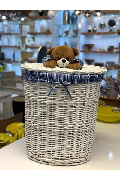 Sever White Plush Detail Oval Wicker Laundry/Toy Basket 50X38X57Cm