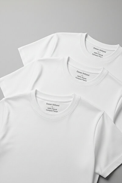 DESEN ATÖLYESİ %100 Pamuklu 3 Adet Beyaz Basic Kısa Kollu Tişört Ekonomik Set...