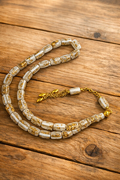 dagdelen Altın Parçacıklı Beyaz uçak camı Tesbih GOLDEN ROSARY