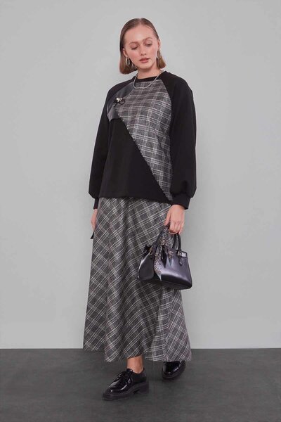 Levidor Black Plaid Patterned Skirt Suit