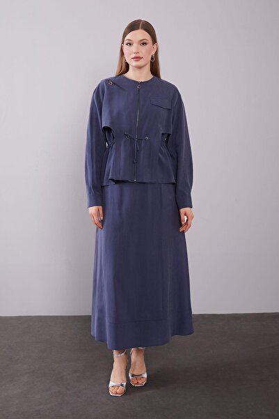 Levidor Navy blue shoulder zipper detailed skirt set