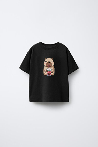 MODA Tricou pentru copii cu imprimeu Capybara, negru, cu gâtul tip bicicletă