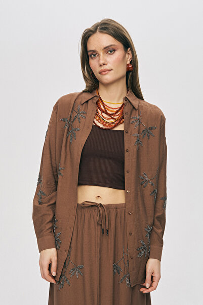 Orfeo Negro Women's Leaf Embroidered Oversize Cut Viscose Shirt