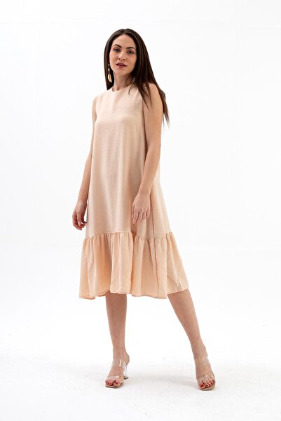 VELİZADE Γυναικείο λινό φόρεμα με λαιμόκοψη ποδηλάτου, αμάνικο, μήκους μίντι,...