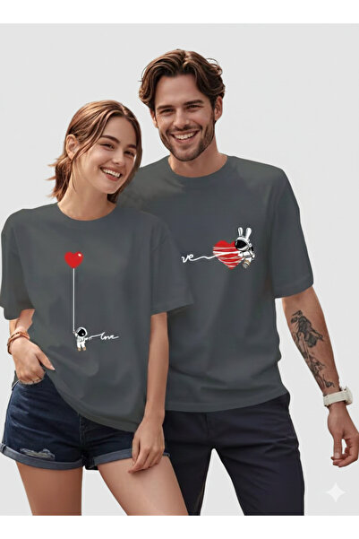 JENOLAN Lover's Combination Love Astronaut Printed Oversize T-Shirt Loose Fit...