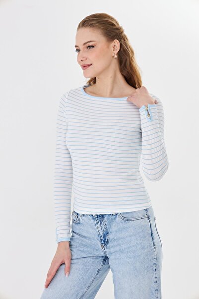 Sortie Women's Button Detail Boat Neck Ice Blue Striped Ottoman Blouse