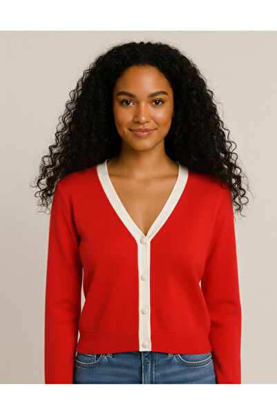 MELLY MORE Red and White Striped Standard (M-L) Size Buttoned Cardigan