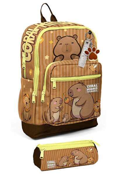 Coral High Capybara Patterned Double School Bag Set (School Bag + Pen Holder)...