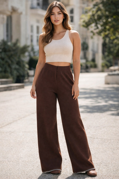 DOQU MILANO KADIN Yüksek Bel Bol Paça Triko Pantolon – Kahverengi