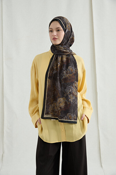 cs camellia scarf Monaco Kraş Шаль - Чорний гірчичний