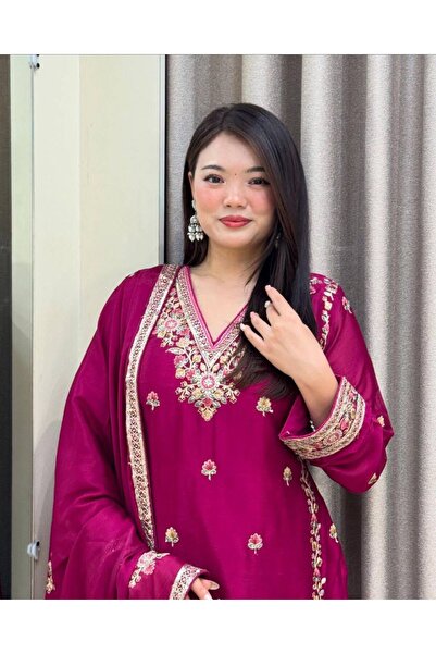 MYSMAR Maroon Chinon Silk Top Bottom & Dupatta - HRT4152 | Maroon