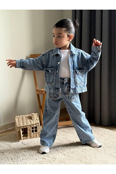 NOBLEKIDS سترة وبنطلون من الدنيم المطرز باللون الأزرق وقميص قطني - طقم ثلاثي ...