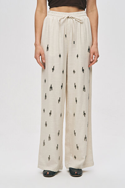 Orfeo Negro Women's Ethnic Modern Bead Embroidered Natur Palazzo Pants
