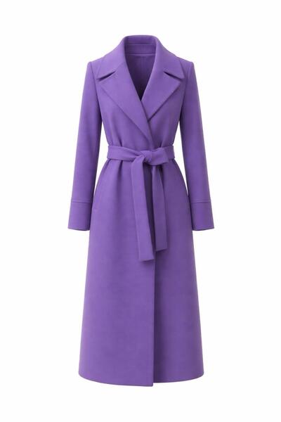 ESİN GİYİM Düğmesiz Kuşaklı Mor Premium Kaşe Kaban