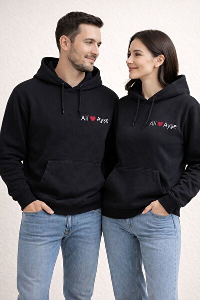 Mekaizen Kişiye Özel Çift İsim Nakışlı Siyah Kapüşonlu Sweatshirt – Sevgilile...
