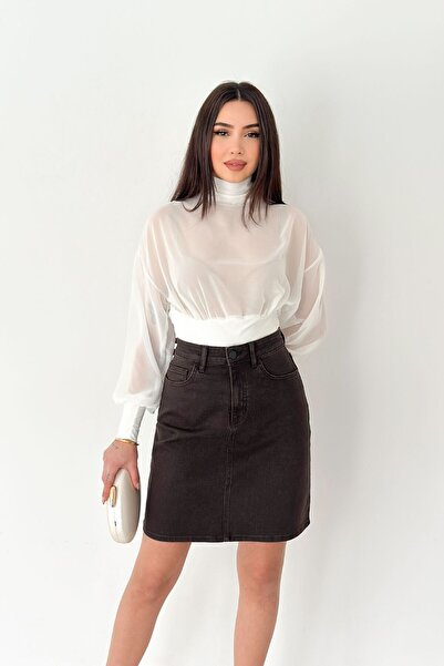 HLT JEANS Kahverengi Kadın Regular Fit Yüksek Bel Orta Boy Denim Kot Etek ALİ...