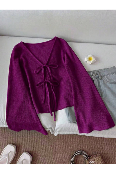 MOONBULL Women's Spanish Sleeve Wrap Blouse with 2-Tie Detail on the Front