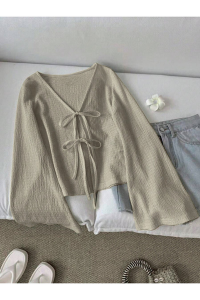 MOONBULL Women's Spanish Sleeve Wrap Blouse with 2-Tie Detail on the Front