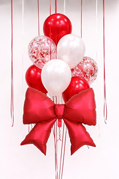 Patladı Gitti Kırmızı Fiyonk Folyo Balon Seti – Kırmızı & Beyaz Konfetili Bal...
