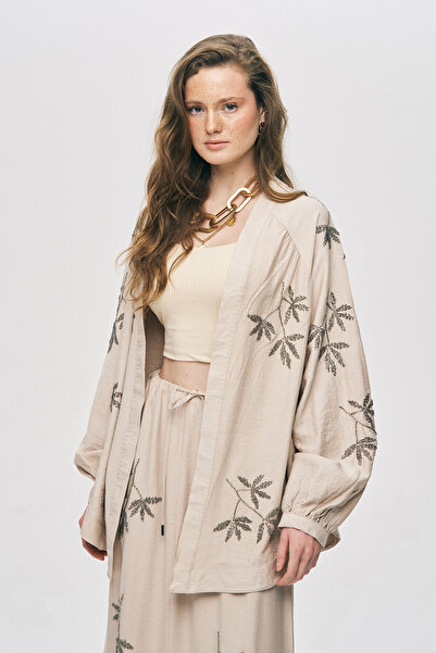 Orfeo Negro Women's Leaf Embroidered Oversized Cut Flowy Kimono