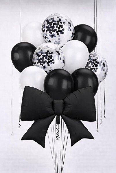 Patladı Gitti مجموعة بالونات فويل سوداء بفيونكة - بالونات سوداء وبيضاء
