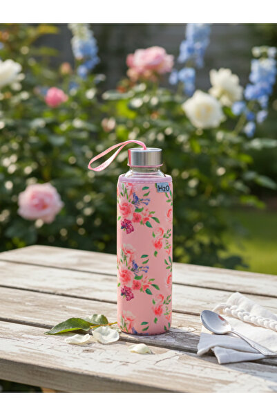 Tohana قارورة زجاجية بغطاء بنمط الورد H2O سعة 500 مل