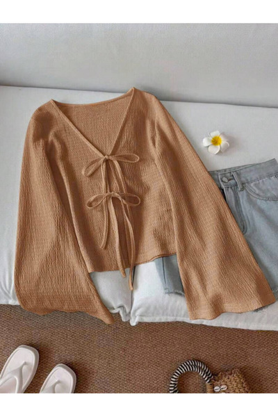 MOONBULL Women's Spanish Sleeve Wrap Blouse with 2-Tie Detail on the Front