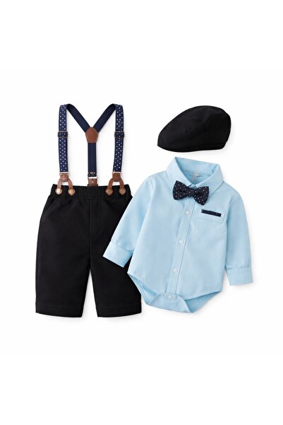 kizu Set Complet Băieți Elegant cu Cămașă Body Bleu, Pantaloni Negri, Bretele...