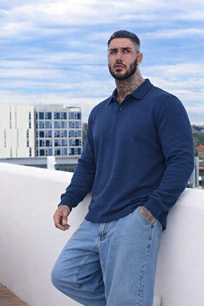 Maccali Men's Plus Size Blue Polo Long Sleeve T-Shirt