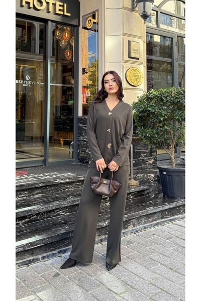 Cannes Liza Gray Gold Button Detailed V-Neck Pants Jacket Double Suit
