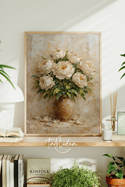 tablodea Vintage Yağlı Boya Tarzı Krem Beyaz Şakayık Çiçek Tablosu TD Çiçekli...