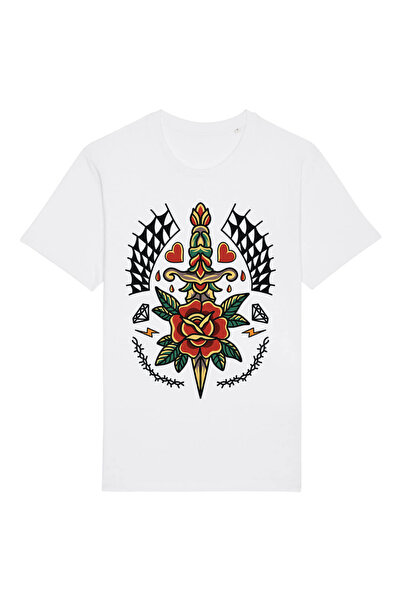 Kartier Unisex White Rose Tattoo T-Shirt