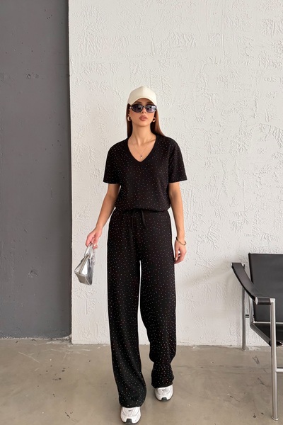 LE CARAMBOLE Women's Black Stone Detailed V-Neck Blouse and Trousers Two-Piec...