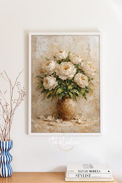 tablodea Vintage Oil Painting Style Cream White Peony Flower Painting Td Flor...