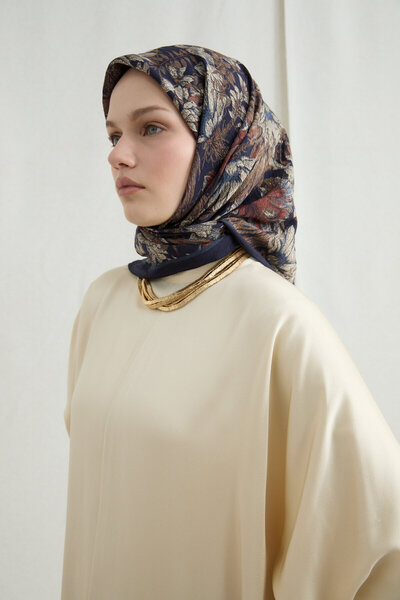 cs camellia scarf Eșarfă Mona din bumbac și viscoză - Albastru închis Bej